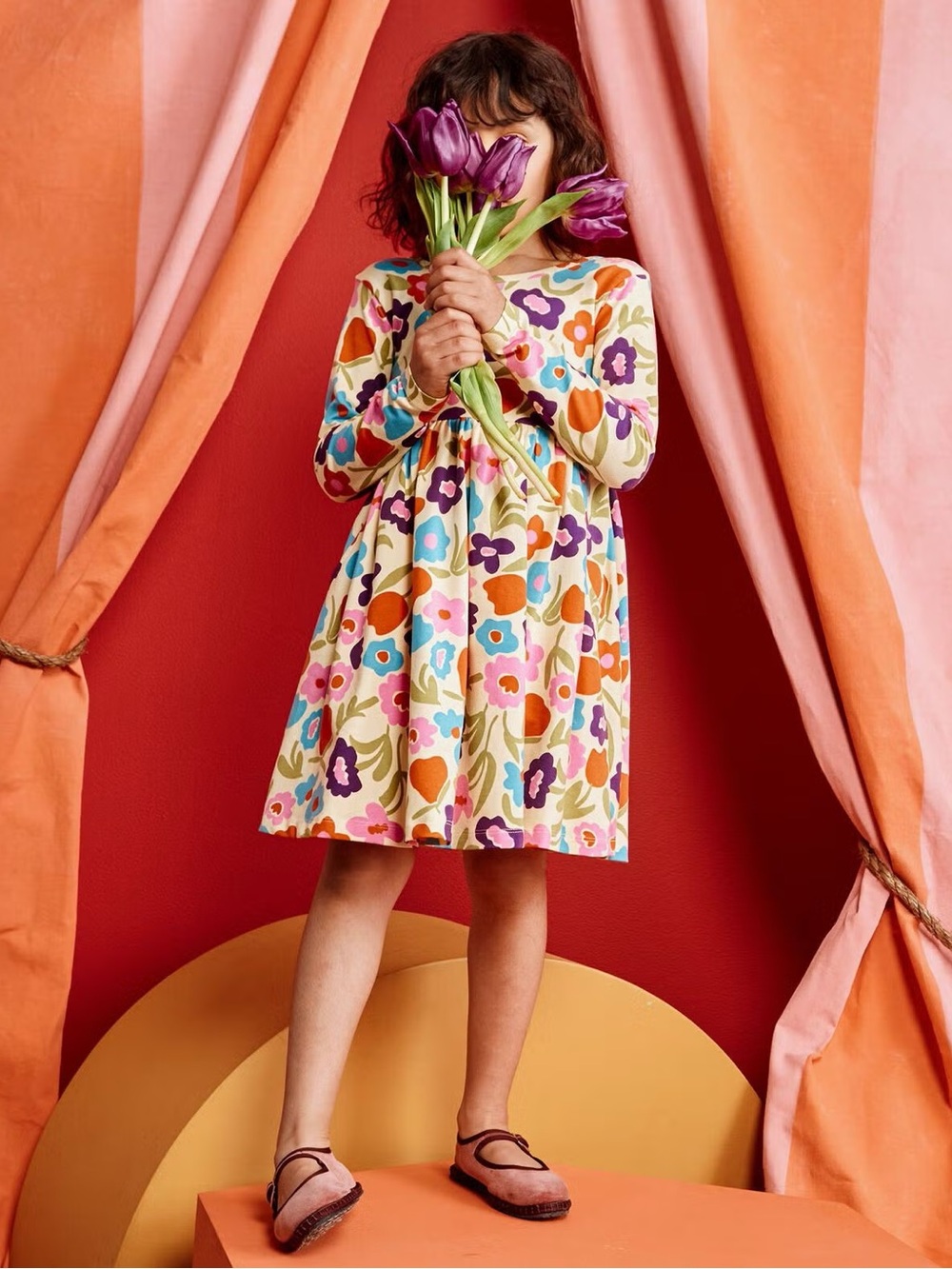 Girls' Floral Long-Sleeve Twirl Dress - Cream Multi - Picture 2 of 4